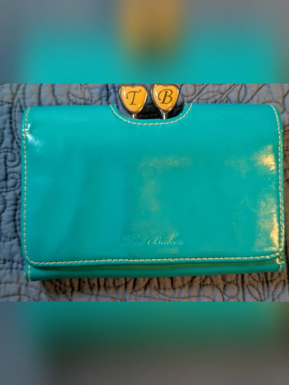 Ted Baker London Turquoise Patent Wallet‎ Heart Clasp Kiss Lock Coin Purse